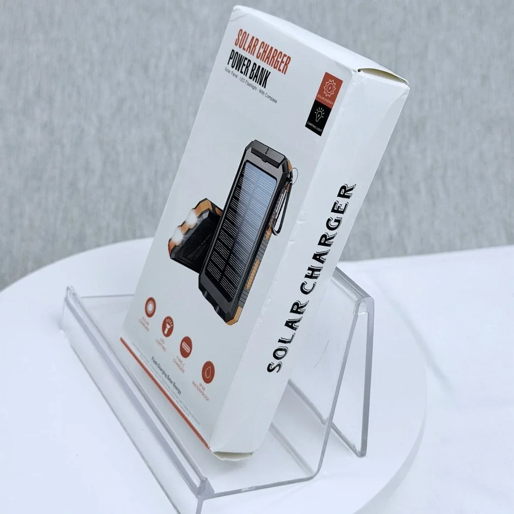 Solar Charger Power Bank Portable Waterproof Dual LED Flashlight Compass Orange